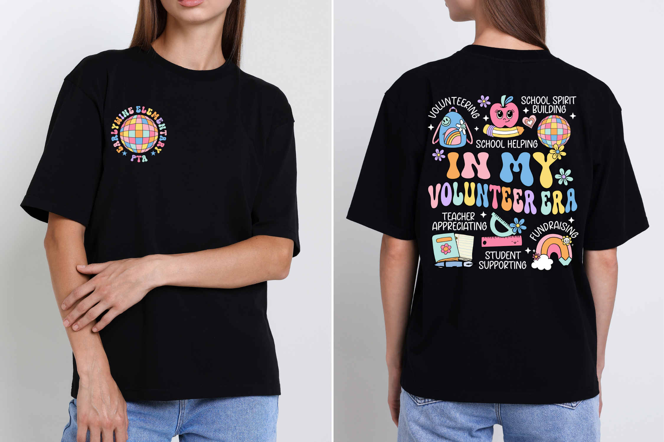 Black t-shirt featuring a colorful retro-inspired "In My Volunteer Era" design with volunteer, school spirit, fundraising, teacher appreciation, and student support graphics on the back and a coordinating logo on the left chest.