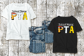 White and black t-shirts featuring the PTA Blueprint design with customizable school name lettering inspired by classroom tools, graph paper, and school supplies.