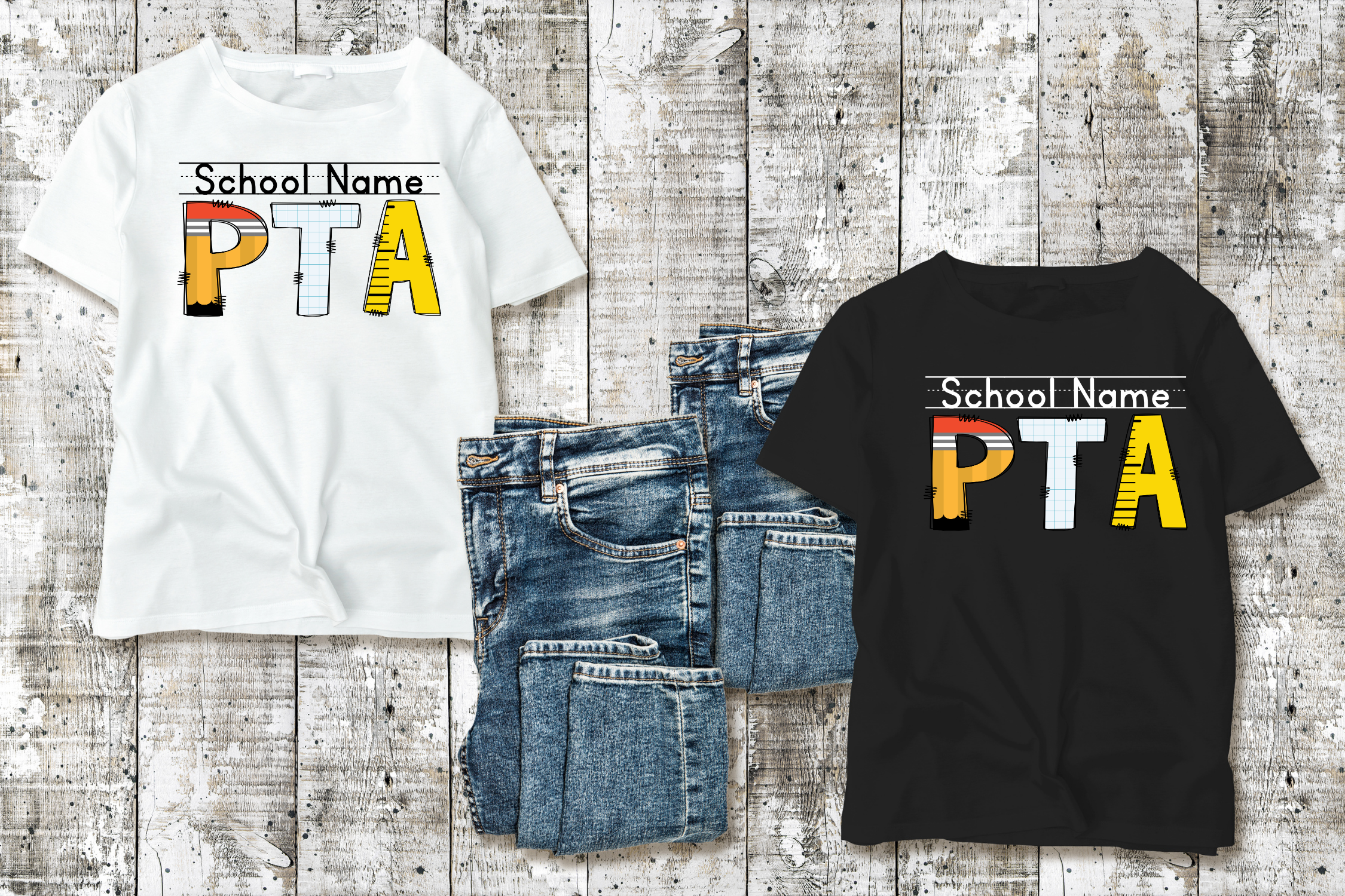 White and black t-shirts featuring the PTA Blueprint design with customizable school name lettering inspired by classroom tools, graph paper, and school supplies.