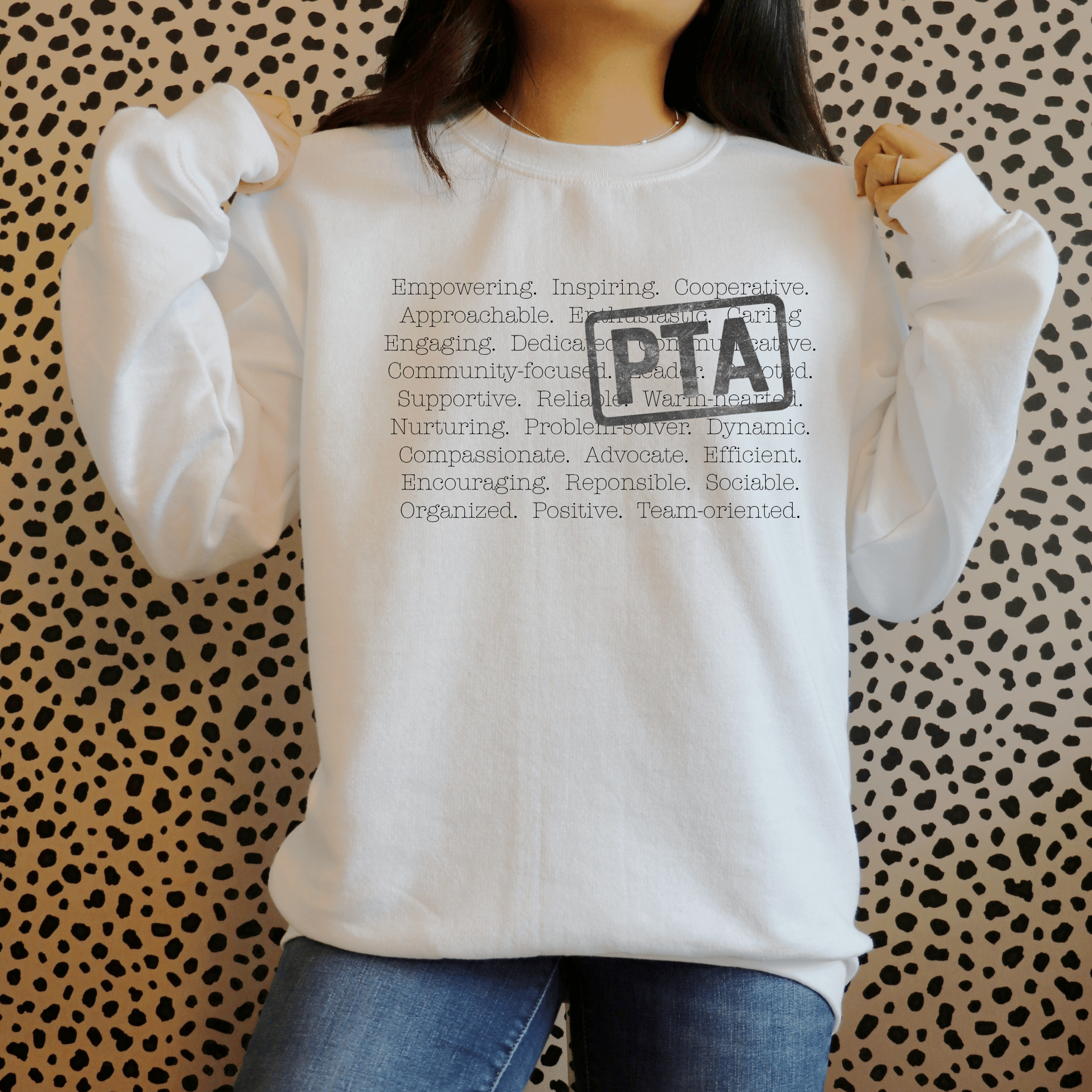 PTA Life custom apparel design displayed on a white crewneck sweatshirt. Personalized shirt for PTA leaders, PTO volunteers, school organizations, and community groups.