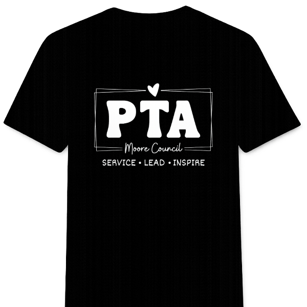 Black and white Moore Council PTA design featuring bold PTA lettering and Moore Council branding in a clean, classic style.