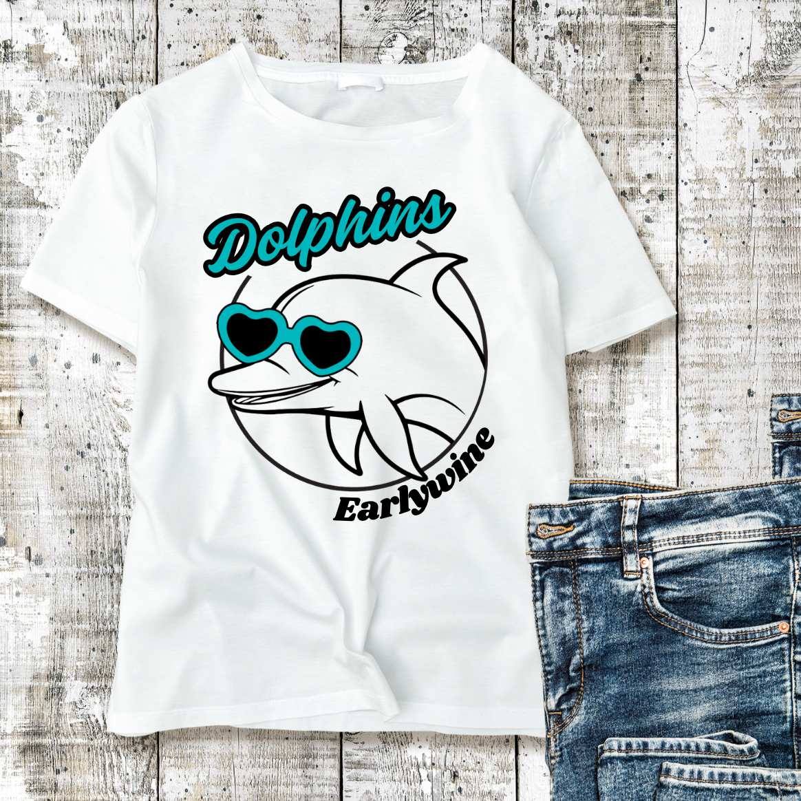 Cartoon dolphin wearing turquoise heart-shaped sunglasses with Earlywine Dolphins lettering in a fun summer-inspired design.