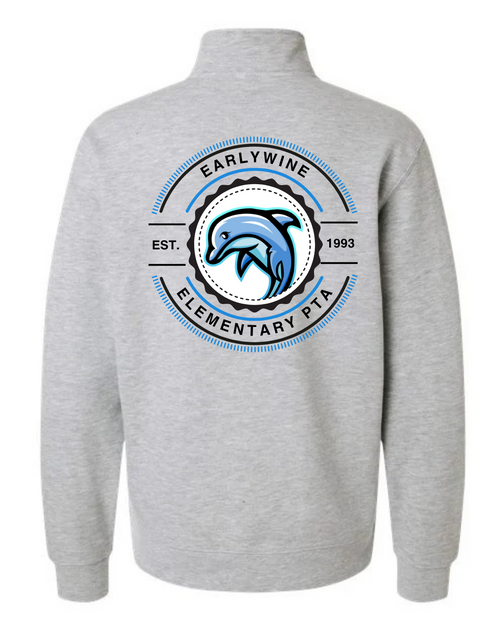 Athletic gray quarter-zip featuring a large Earlywine Elementary PTA dolphin crest design with Est. 1993 graphic on the back.