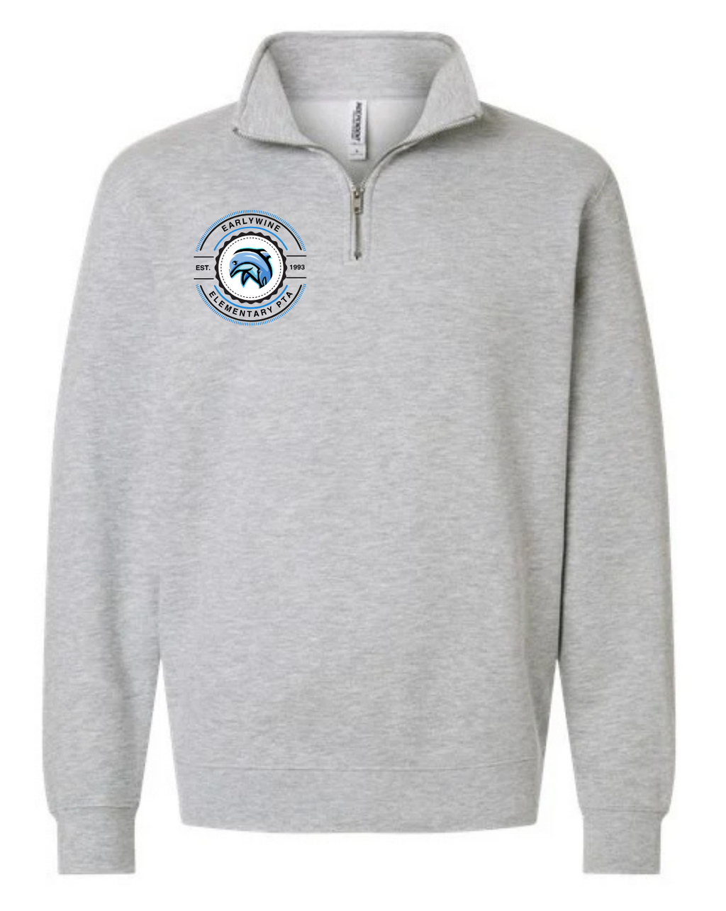 Athletic gray quarter-zip featuring an Earlywine Elementary PTA dolphin crest logo on the right chest.