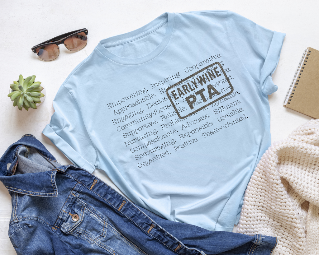 Light blue t-shirt featuring the PTA Life design with leadership and volunteer-inspired words surrounding a distressed PTA graphic.